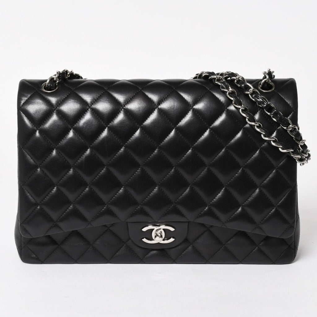 Chanel Maxi Quilted 33 Double Flap Chain Shoulder Bag CC Logo Lambskin Black