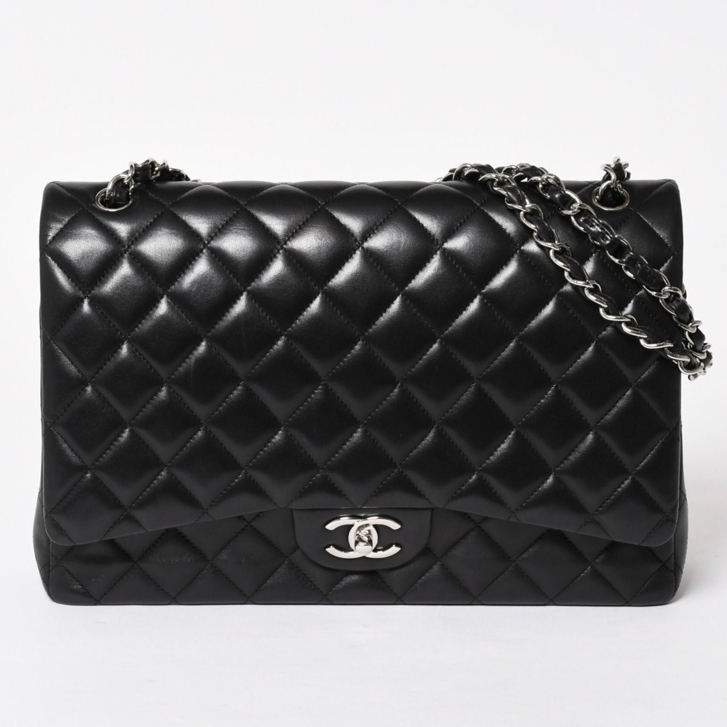 Chanel Maxi Quilted 33 Double Flap Chain Shoulder Bag CC Logo Lambskin Black