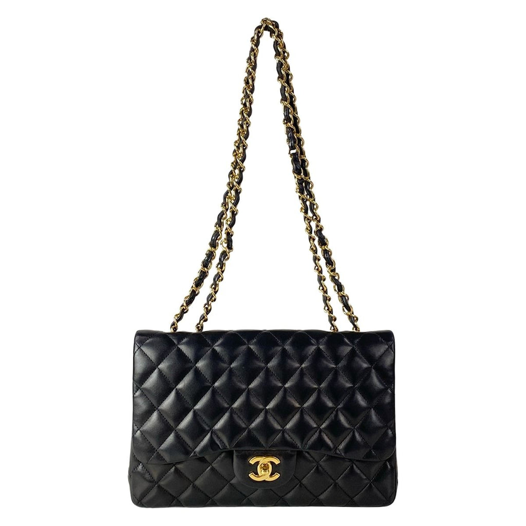 Chanel Shoulder Bag Maxi Quilted Black Chain Gold Lambskin