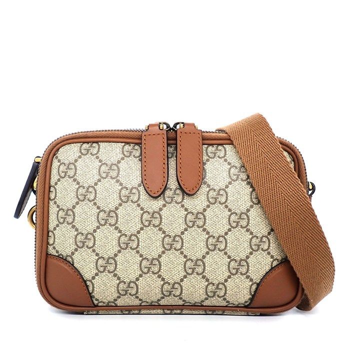 Gucci Shoulder Bag GG Emblem Mini Cross Beige Brown Supreme Canvas Leather