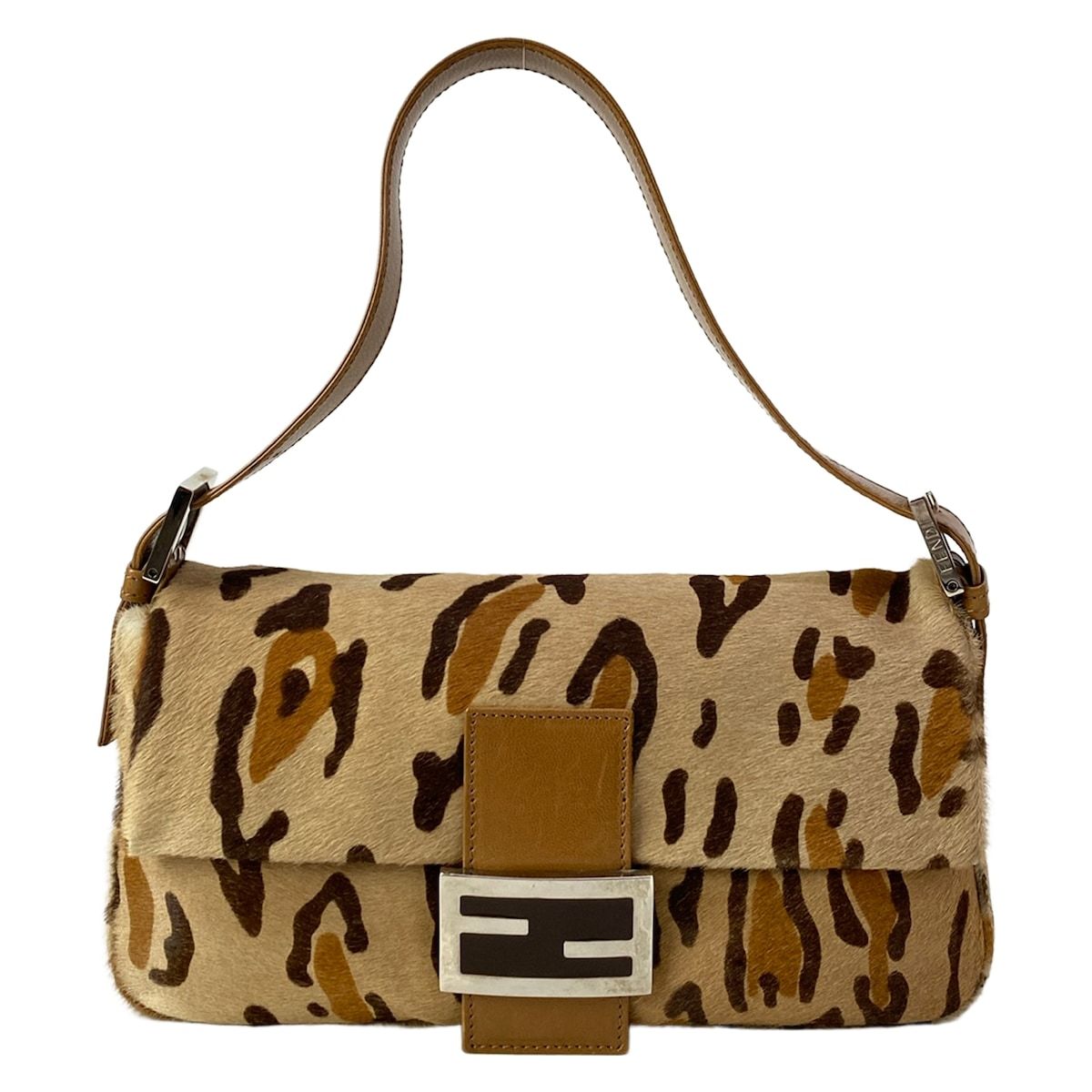 Fendi Handbag Mamma Bucket Beige Light Brown Dark Leopard Print Leather