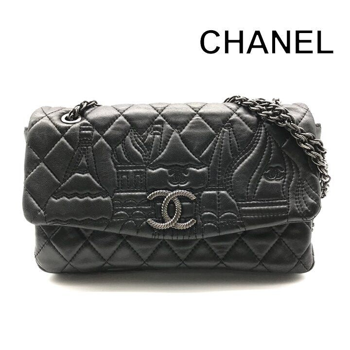 Chanel CC Logo Quilted Paris Moscow Chain Shoulder Bag Vintage Black