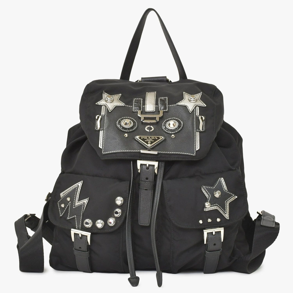 Prada Tessuto Nylon Robot Backpack Saffiano Leather Studs Metal Black