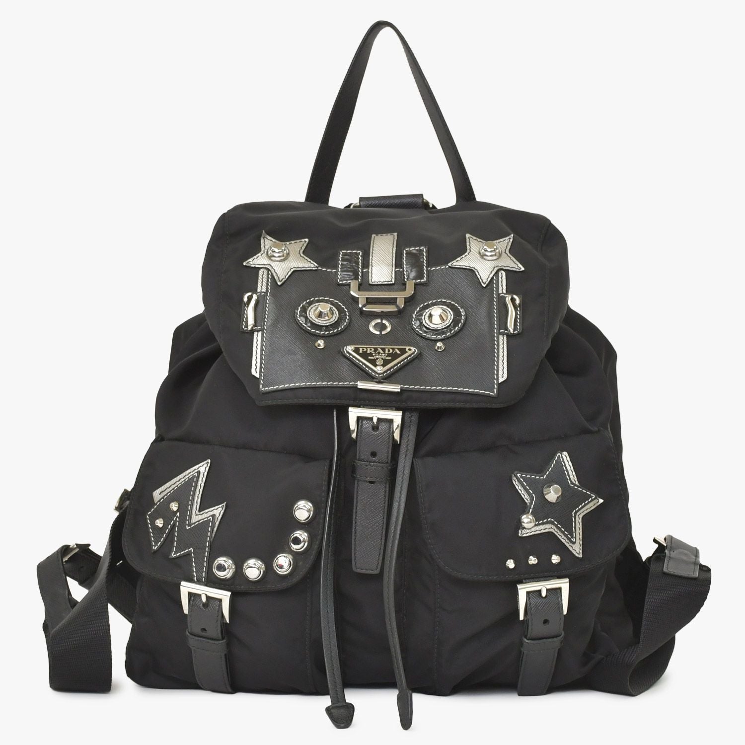 Prada Tessuto Nylon Robot Backpack Saffiano Leather Studs Metal Black