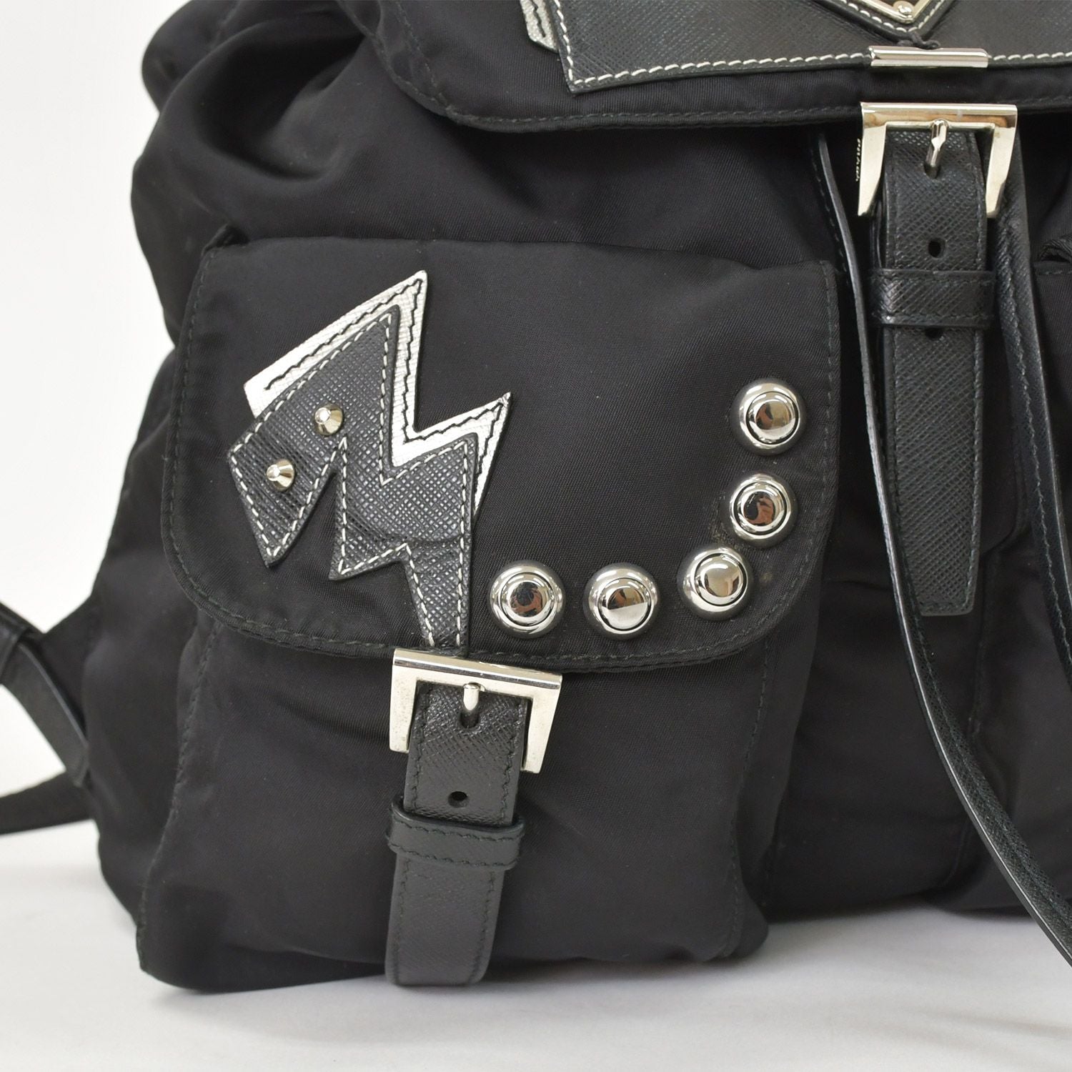 Prada Tessuto Nylon Robot Backpack Saffiano Leather Studs Metal Black — view 5
