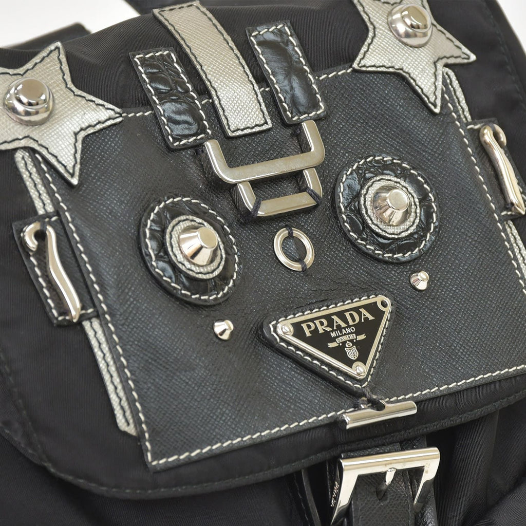 Prada Tessuto Nylon Robot Backpack Saffiano Leather Studs Metal Black — view 4