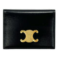 Celine Card Case Shiny Calfskin Bifold Triomphe Holder Black Gold Small Compact