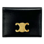 Celine Card Case Shiny Calfskin Bifold Triomphe Holder Black Gold Small Compact