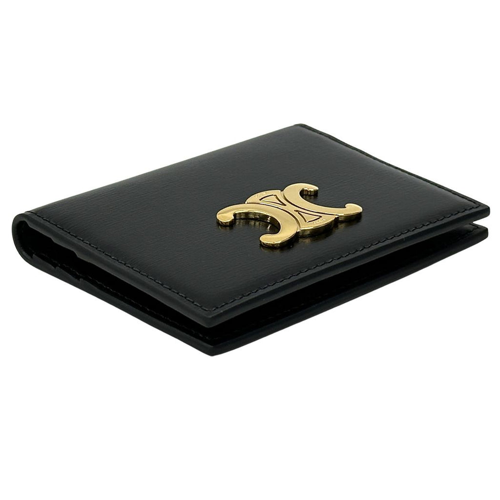 Celine Card Case Shiny Calfskin Bifold Triomphe Holder Black Gold Small Compact — view 3