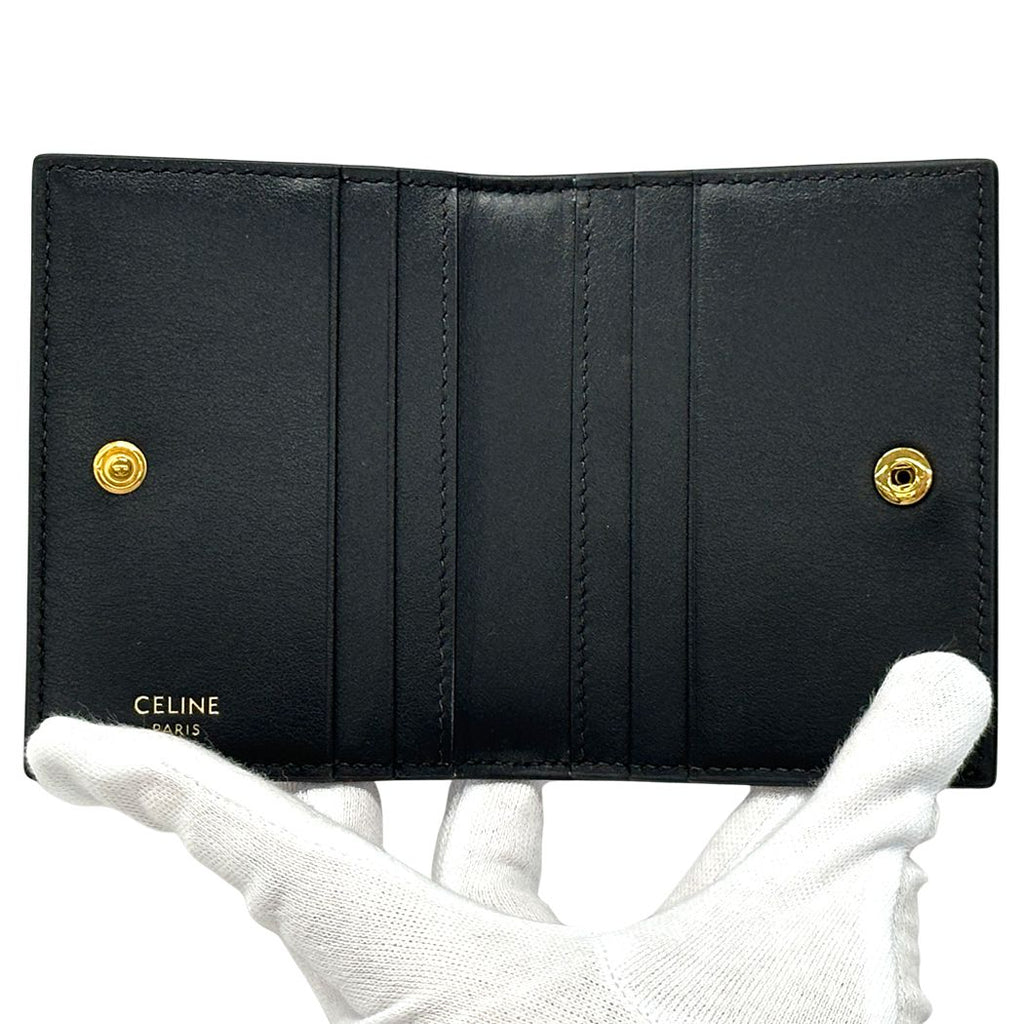 Celine Card Case Shiny Calfskin Bifold Triomphe Holder Black Gold Small Compact — view 4
