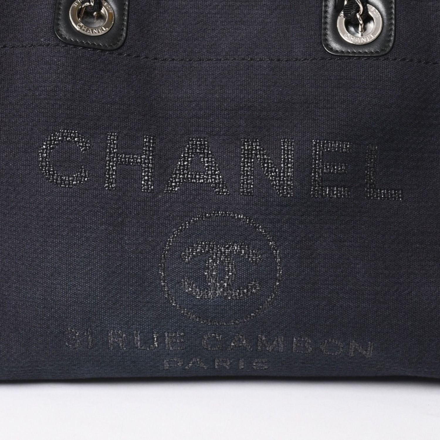 Chanel Deauville MM Chain Strap Tote Shoulder Bag Dark Navy Black Cotton Fiber — view 6