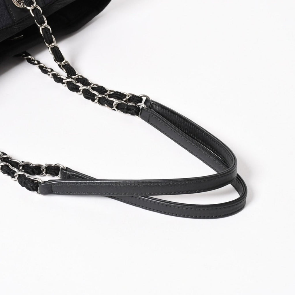 Chanel Deauville MM Chain Strap Tote Shoulder Bag Dark Navy Black Cotton Fiber — view 8