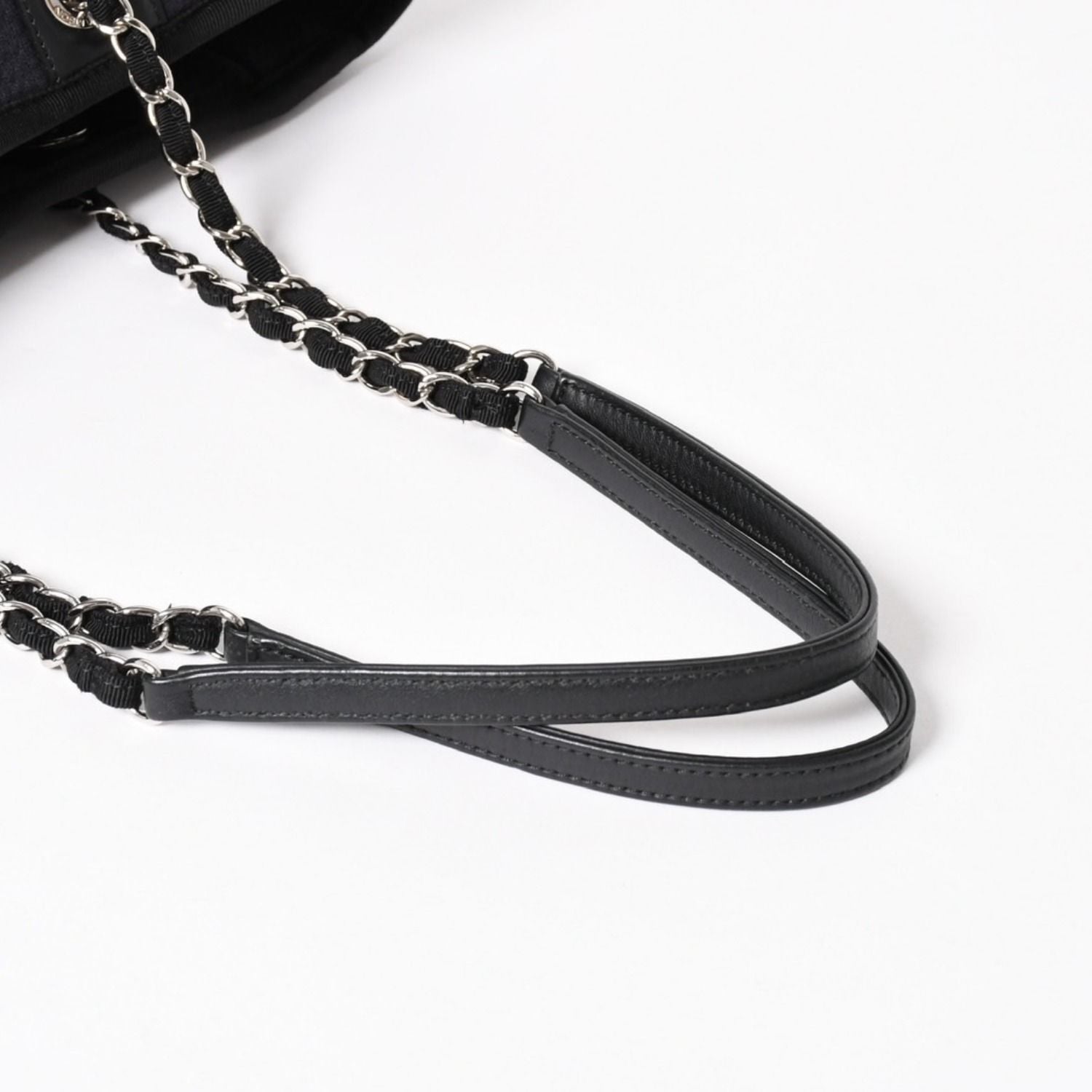 Chanel Deauville MM Chain Strap Tote Shoulder Bag Dark Navy Black Cotton Fiber — view 8