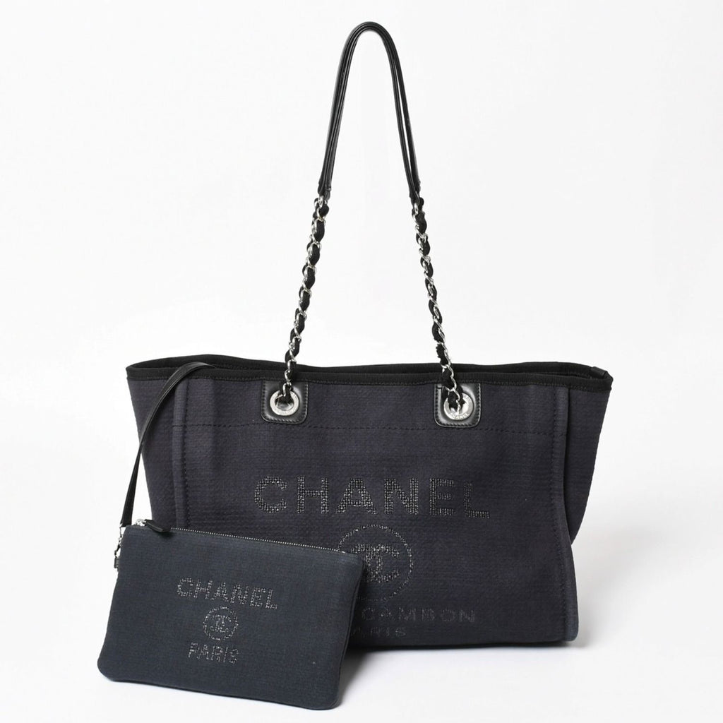 Chanel Deauville MM Chain Strap Tote Shoulder Bag Dark Navy Black Cotton Fiber