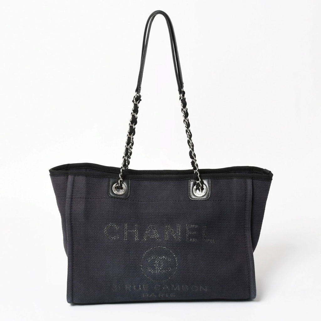 Chanel Deauville MM Chain Strap Tote Shoulder Bag Dark Navy Black Cotton Fiber — view 2