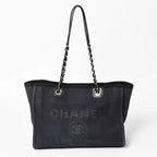 Chanel Deauville MM Chain Strap Tote Shoulder Bag Dark Navy Black Cotton Fiber — view 2