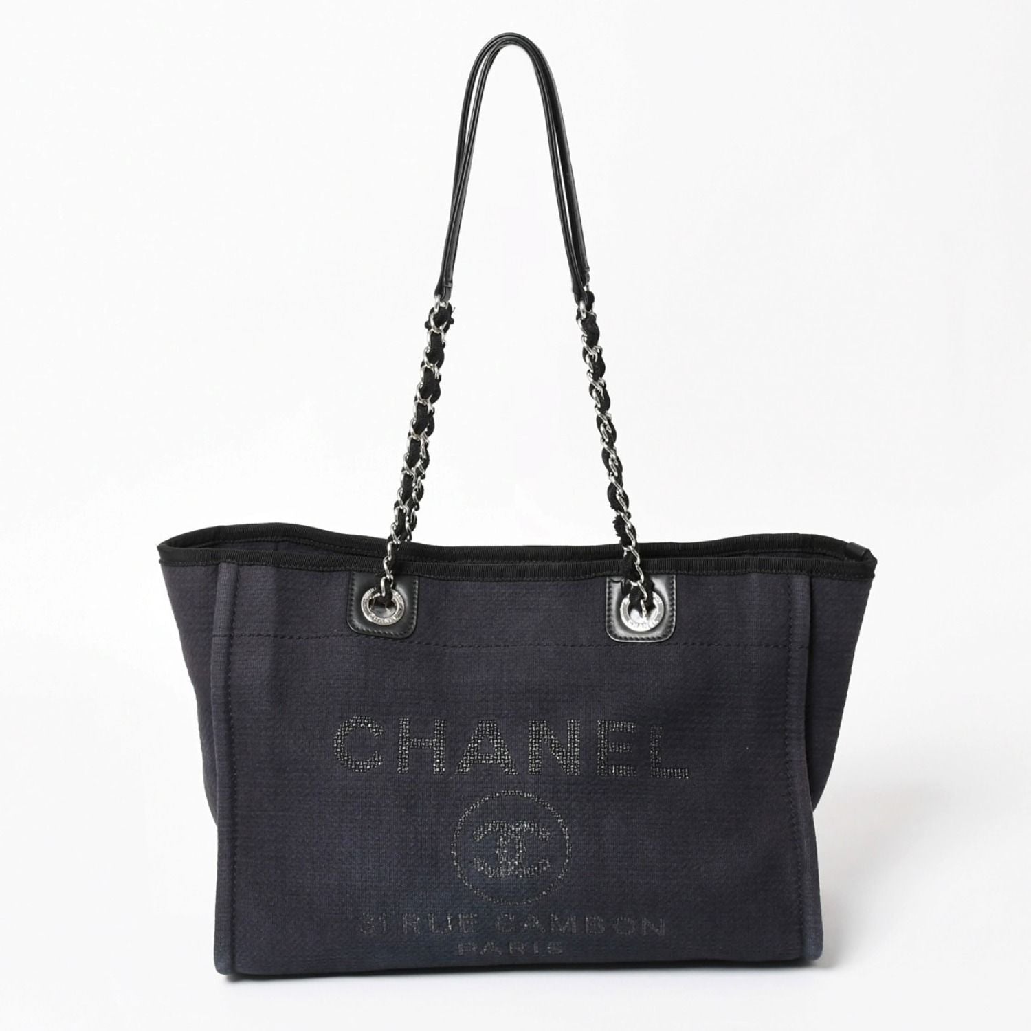 Chanel Deauville MM Chain Strap Tote Shoulder Bag Dark Navy Black Cotton Fiber — view 2