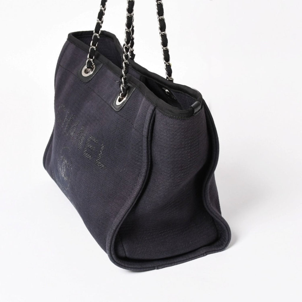 Chanel Deauville MM Chain Strap Tote Shoulder Bag Dark Navy Black Cotton Fiber — view 5