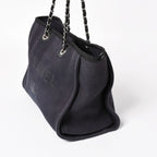 Chanel Deauville MM Chain Strap Tote Shoulder Bag Dark Navy Black Cotton Fiber — view 5