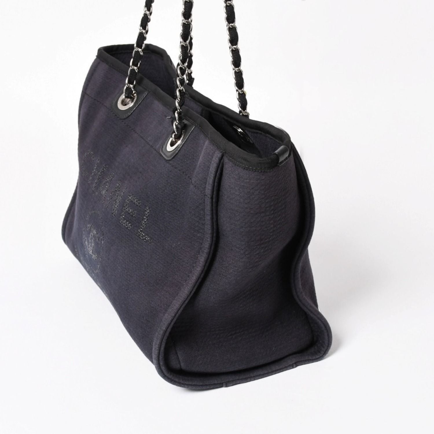 Chanel Deauville MM Chain Strap Tote Shoulder Bag Dark Navy Black Cotton Fiber — view 5