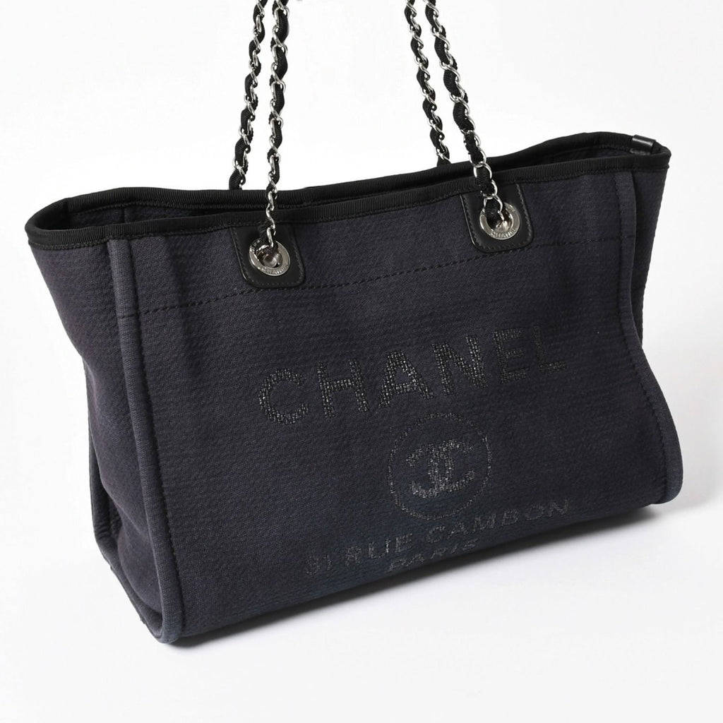 Chanel Deauville MM Chain Strap Tote Shoulder Bag Dark Navy Black Cotton Fiber — view 4