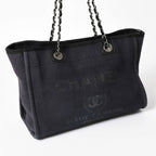 Chanel Deauville MM Chain Strap Tote Shoulder Bag Dark Navy Black Cotton Fiber — view 4