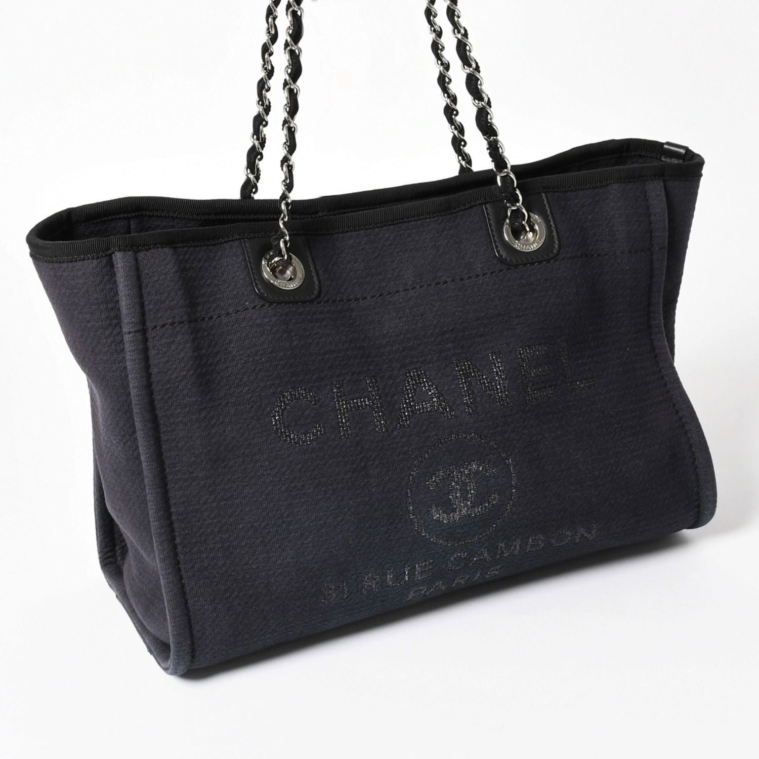 Chanel Deauville MM Chain Strap Tote Shoulder Bag Dark Navy Black Cotton Fiber — view 4