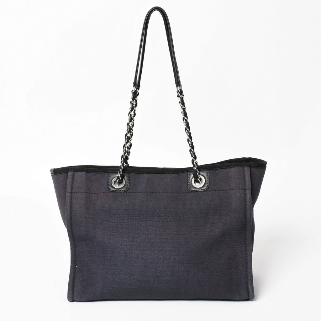 Chanel Deauville MM Chain Strap Tote Shoulder Bag Dark Navy Black Cotton Fiber — view 3