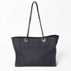 Chanel Deauville MM Chain Strap Tote Shoulder Bag Dark Navy Black Cotton Fiber — view 3