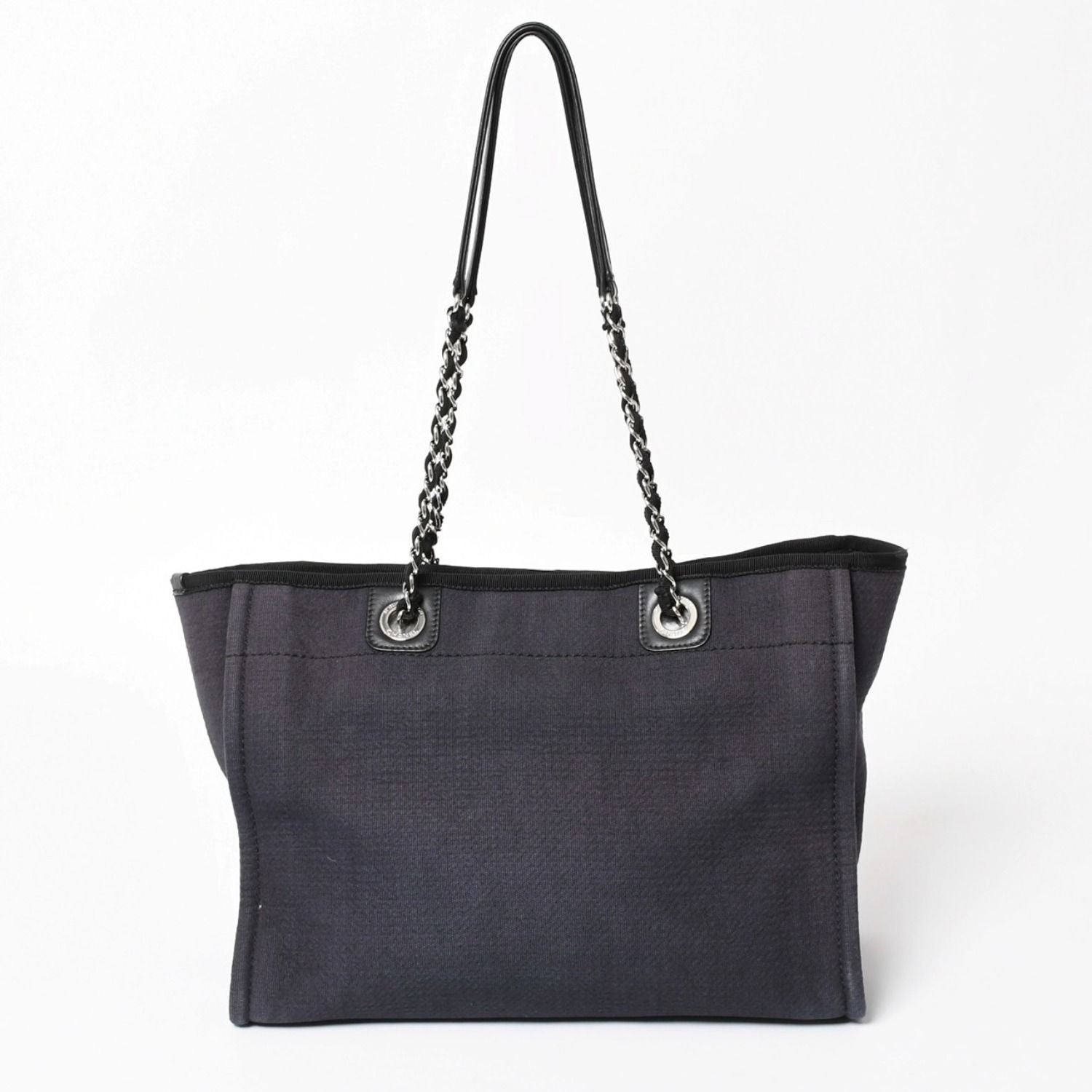 Chanel Deauville MM Chain Strap Tote Shoulder Bag Dark Navy Black Cotton Fiber — view 3