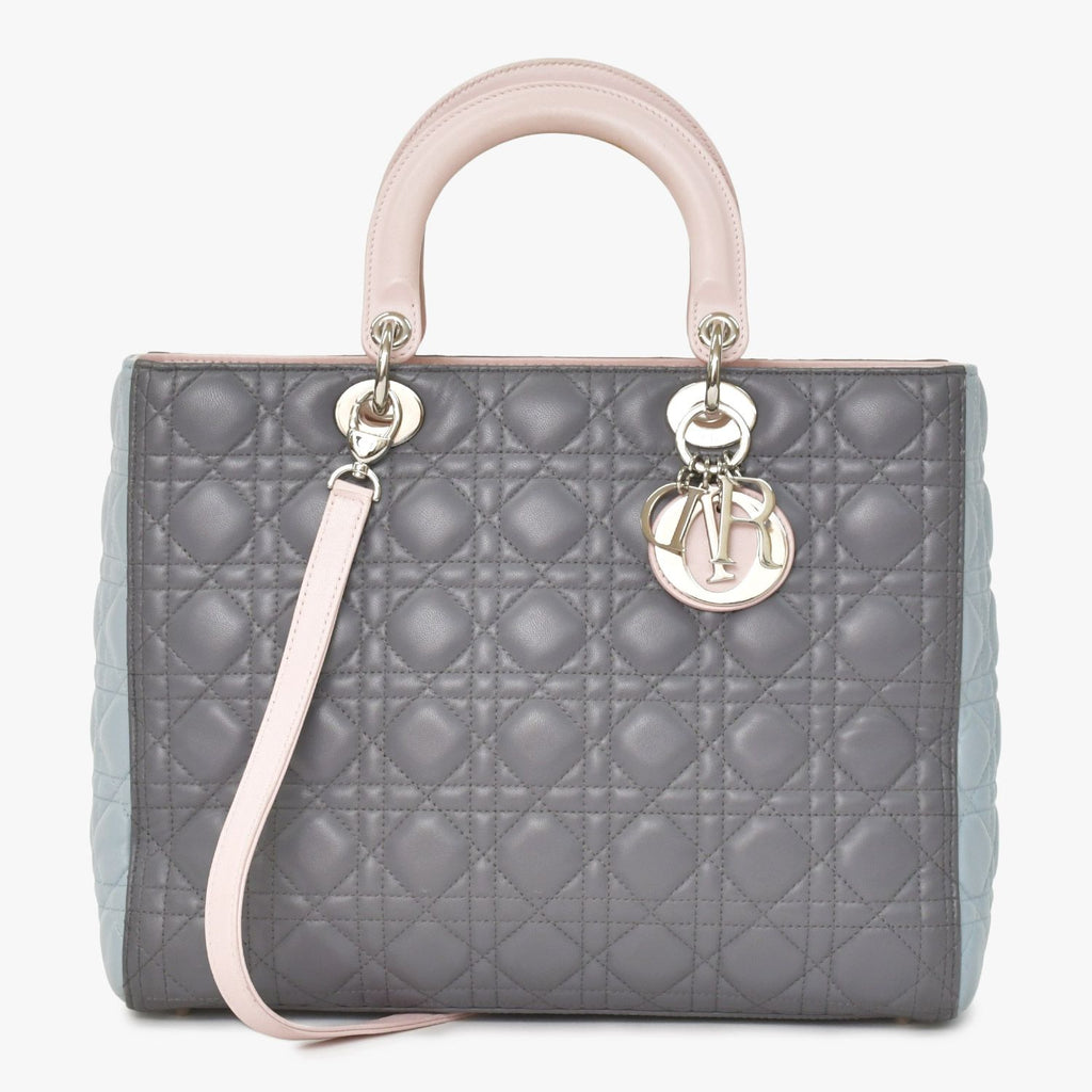 Dior Lady Large Tricolor Handbag 2-Way Gray Pink Light Blue Lambskin