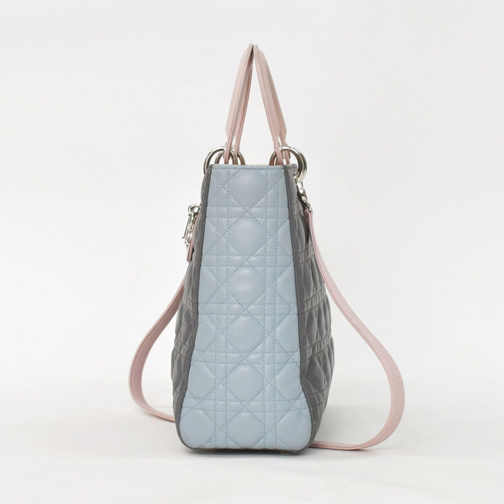 Dior Lady Large Tricolor Handbag 2-Way Gray Pink Light Blue Lambskin — view 3