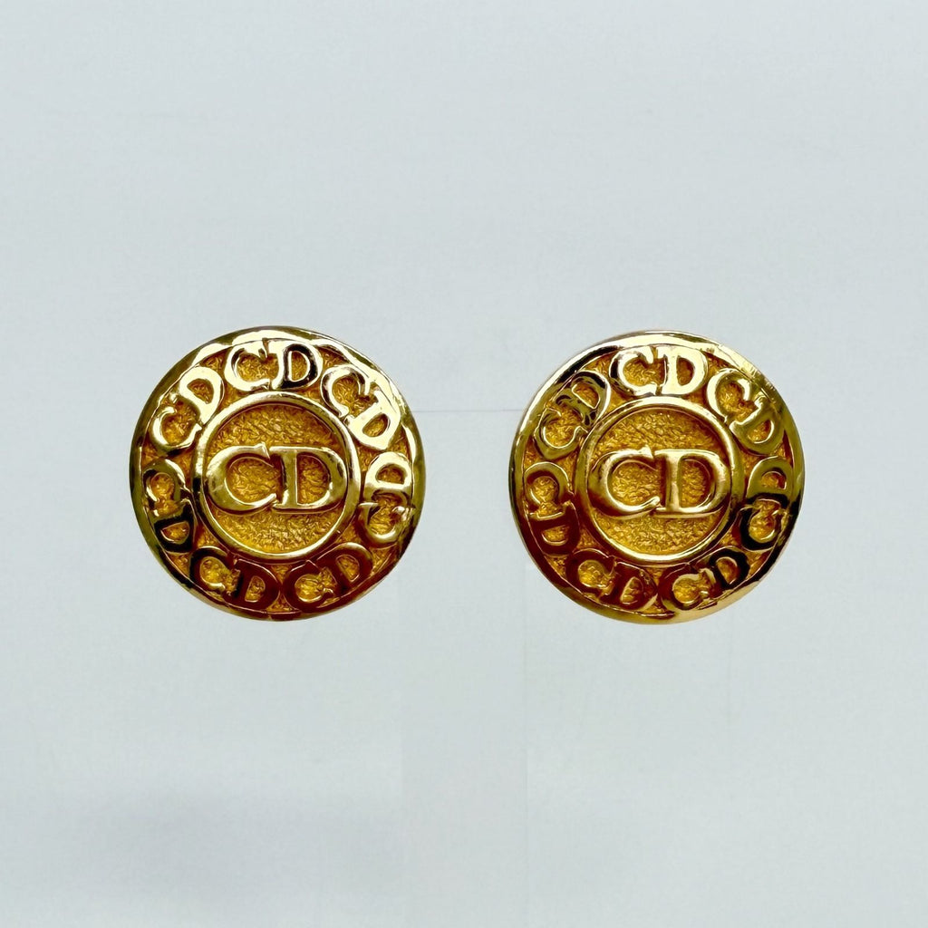 Dior Round CD Logo Earrings Plated Gold Vintage