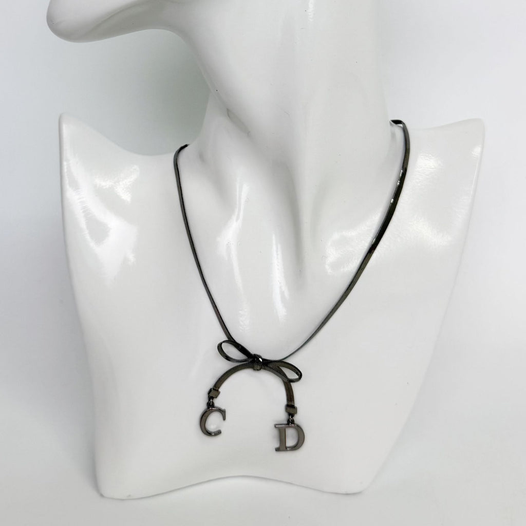 Dior CD Logo Ribbon Necklace Plating Silver Vintage