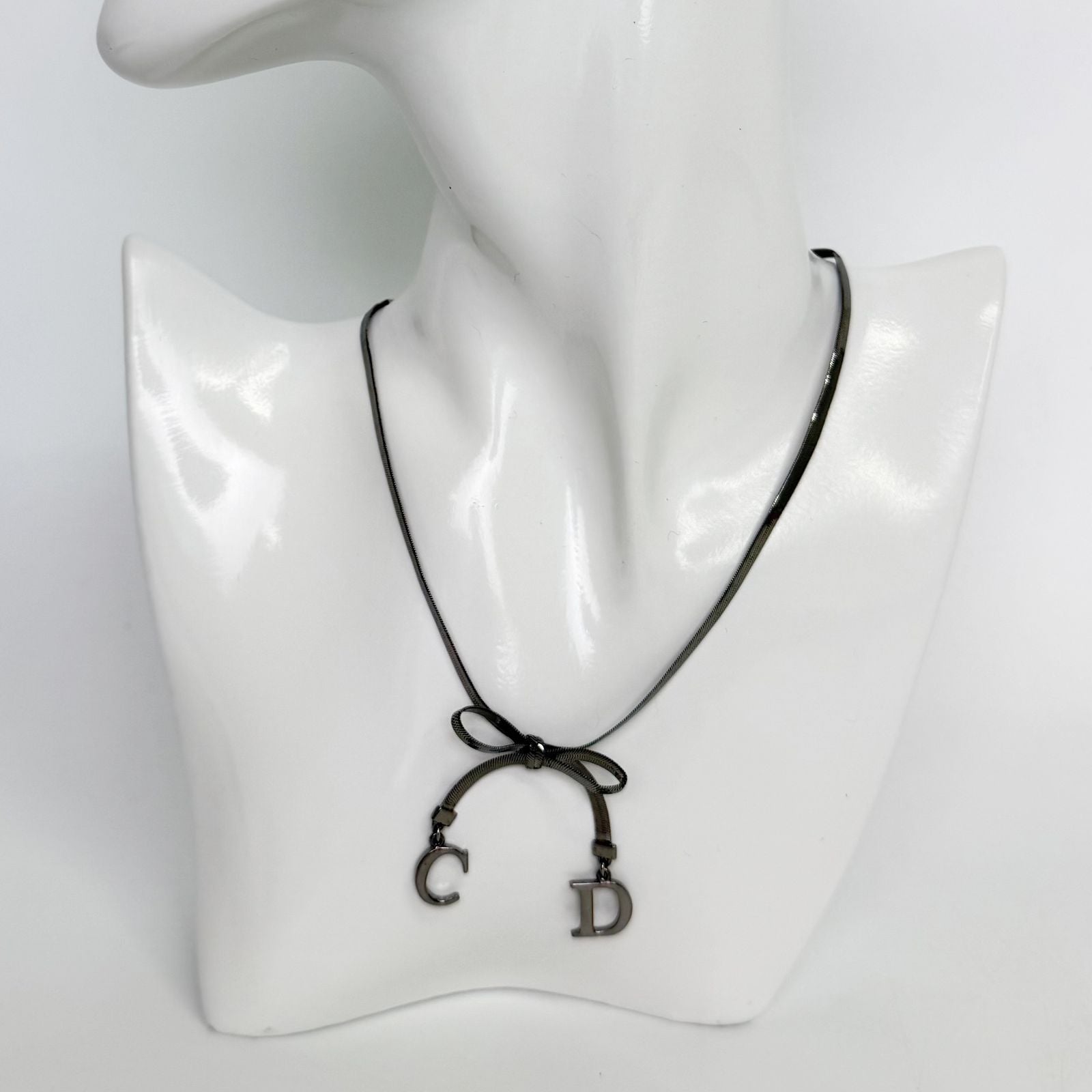 Dior CD Logo Ribbon Necklace Plating Silver Vintage