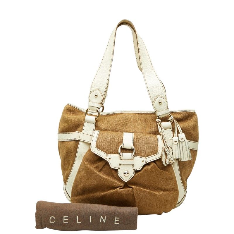 Celine Shoulder Bag Brown White Canvas Leather — view 9