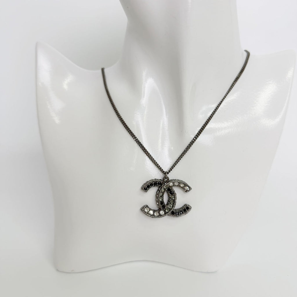 Chanel CC Logo Necklace Plated Rhinestone Silver Vintage