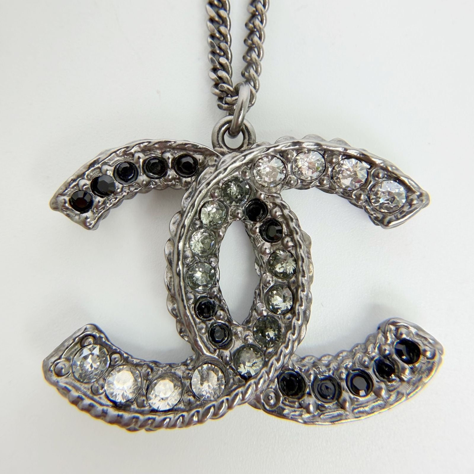 Chanel CC Logo Necklace Plated Rhinestone Silver Vintage — view 3