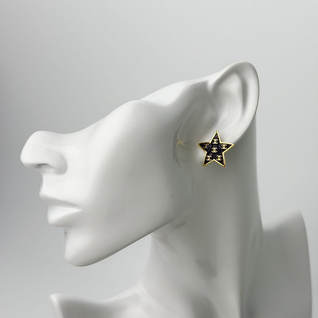 Chanel Star CC Logo Earrings Plated Gold Black Vintage — view 2