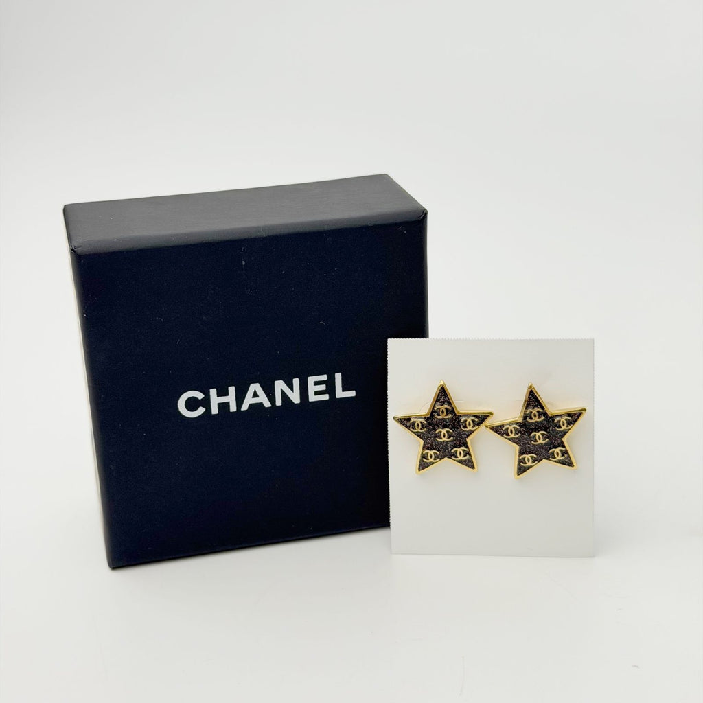 Chanel Star CC Logo Earrings Plated Gold Black Vintage