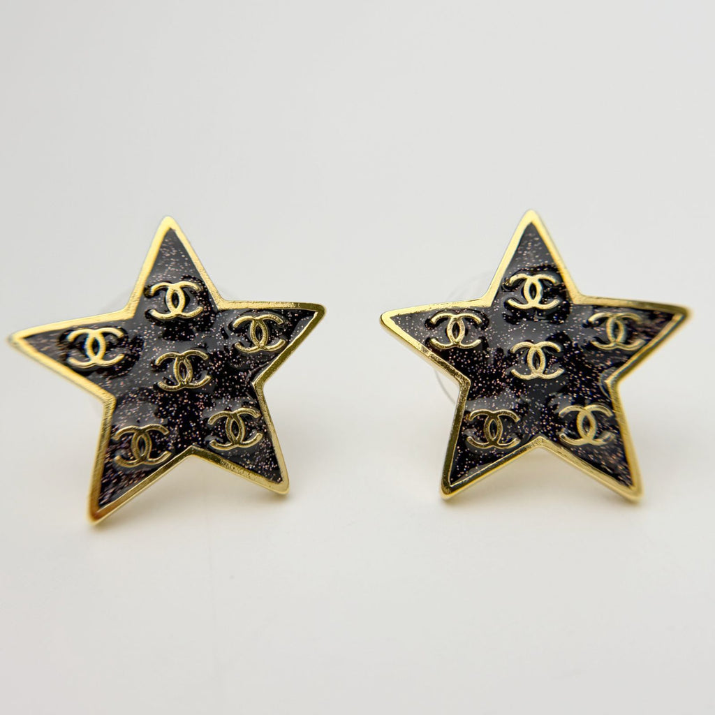Chanel Star CC Logo Earrings Plated Gold Black Vintage — view 3