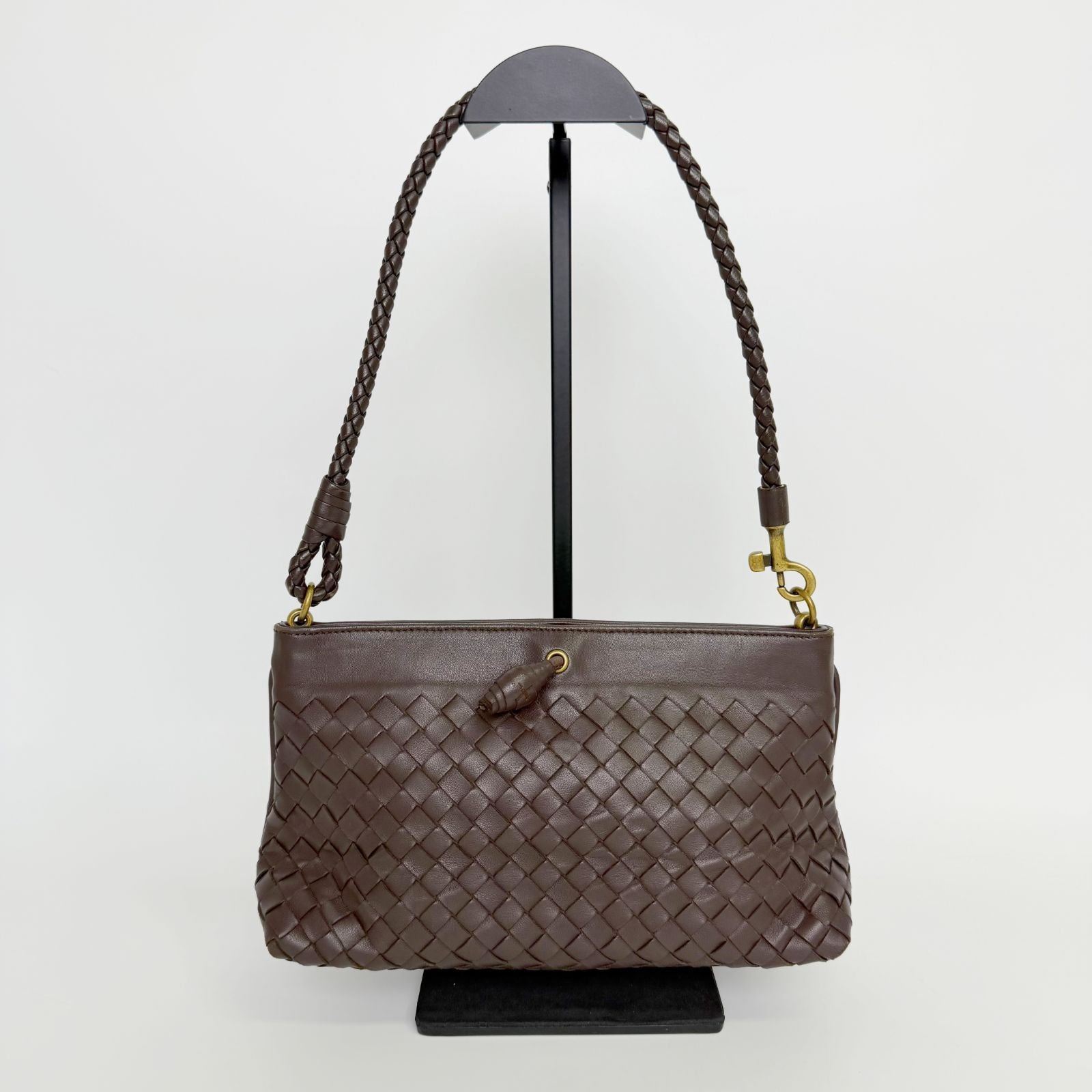 Bottega Veneta Intrecciato Shoulder Bag Leather Brown Gold Vintage — view 3