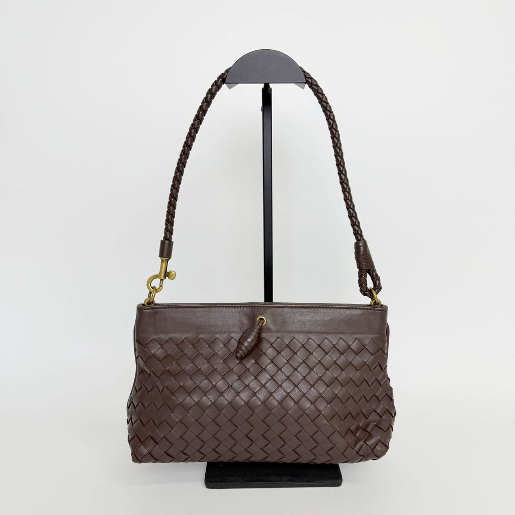 Bottega Veneta Intrecciato Shoulder Bag Leather Brown Gold Vintage — view 2