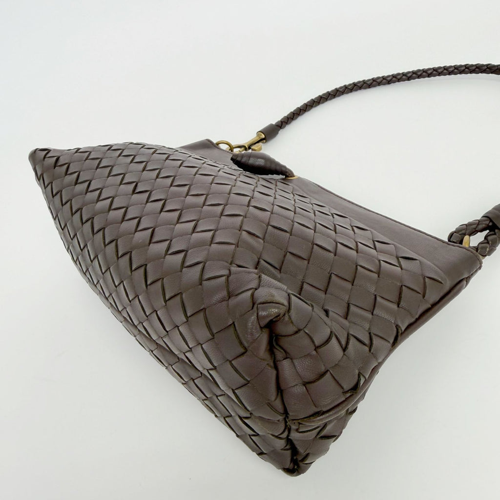 Bottega Veneta Intrecciato Shoulder Bag Leather Brown Gold Vintage — view 9