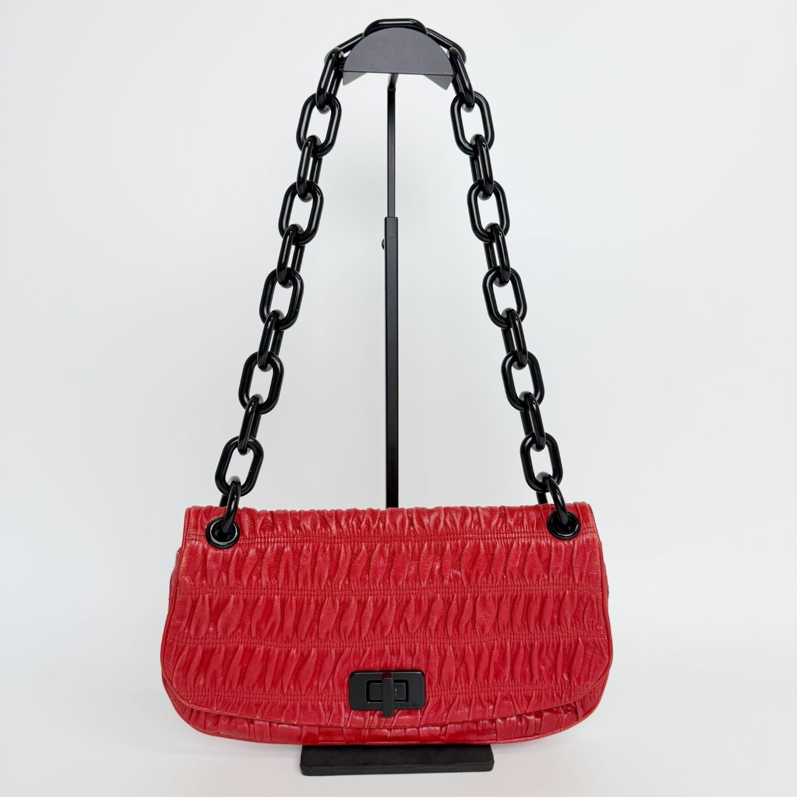 Prada Gaufre Chain Flap Shoulder Bag Leather Red Vintage — view 3