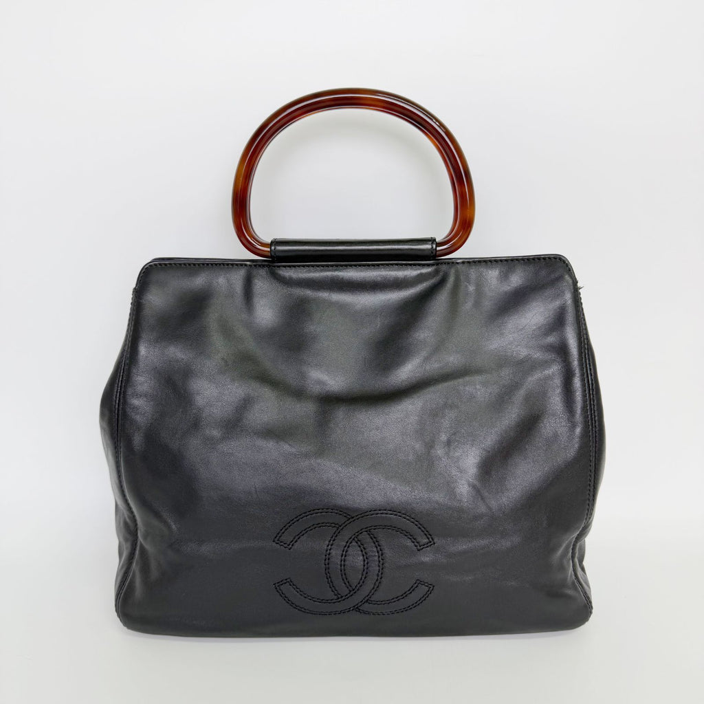 Chanel CC Logo Tortoiseshell Handle Handbag Leather Black Vintage — view 3
