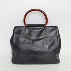Chanel CC Logo Tortoiseshell Handle Handbag Leather Black Vintage — view 3
