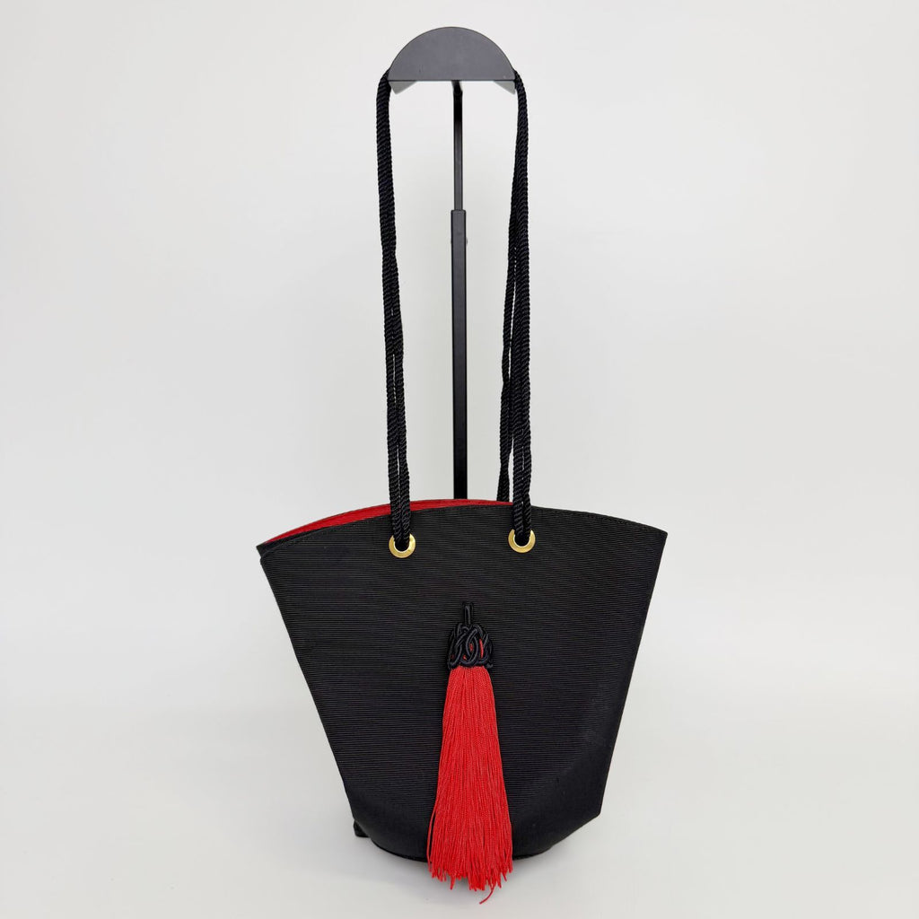 Saint Laurent Rib Fabric Tassel Shoulder Bag Canvas Black Red Gold Vintage — view 3