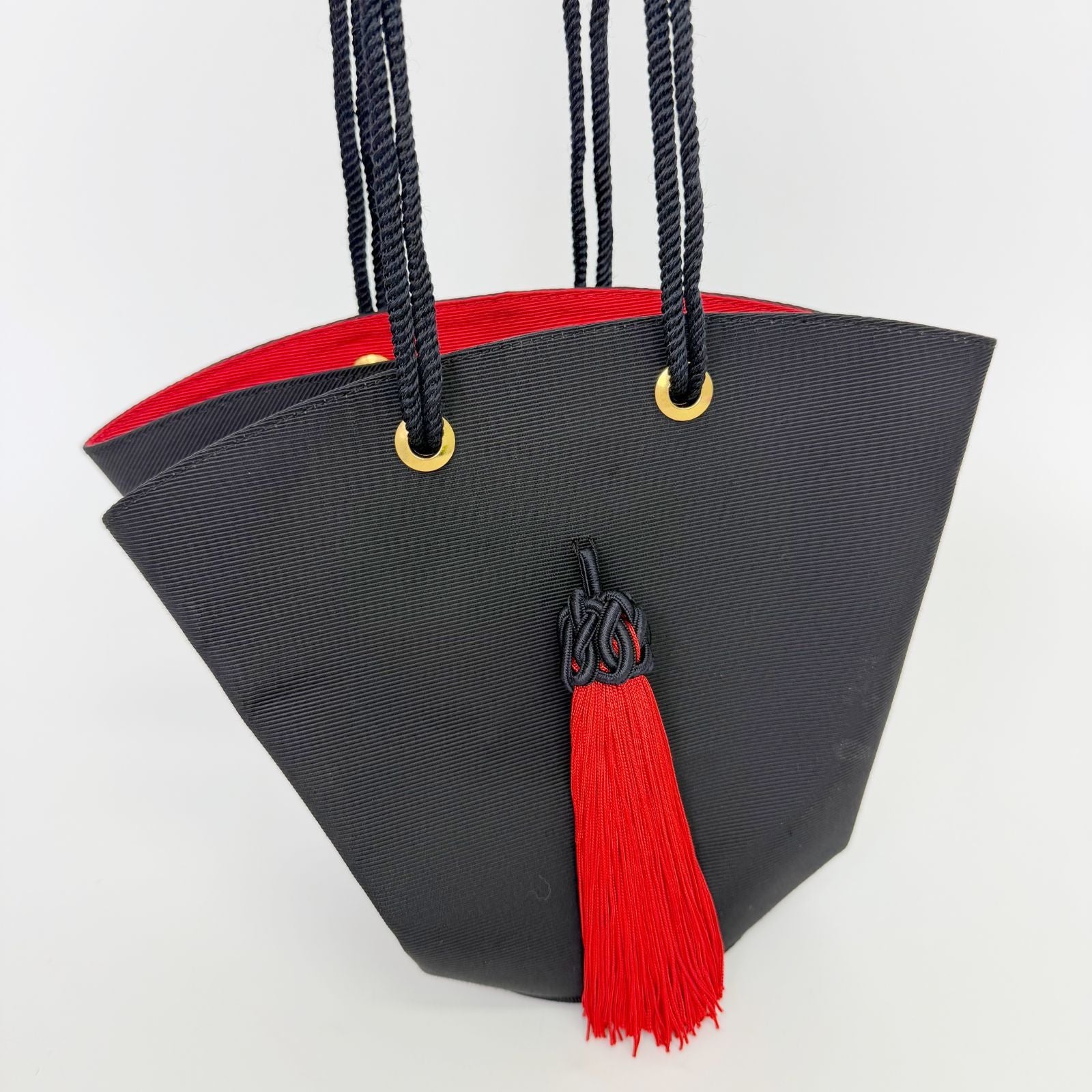 Saint Laurent Rib Fabric Tassel Shoulder Bag Canvas Black Red Gold Vintage — view 4