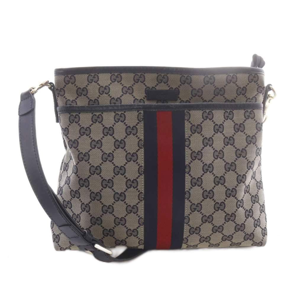 Gucci GG Canvas Sherry Line Shoulder Bag Brown Navy